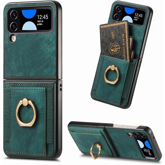 Compatible with Samsung Galaxy Z Flip 4 5G 2022 Wallet Case and Card Slot Shockproof Protective Case Metal Ring Holder Stand Kickstand Cell Phone Cover for ZFlip4 Z4 Flip4 4Z Women Men Green