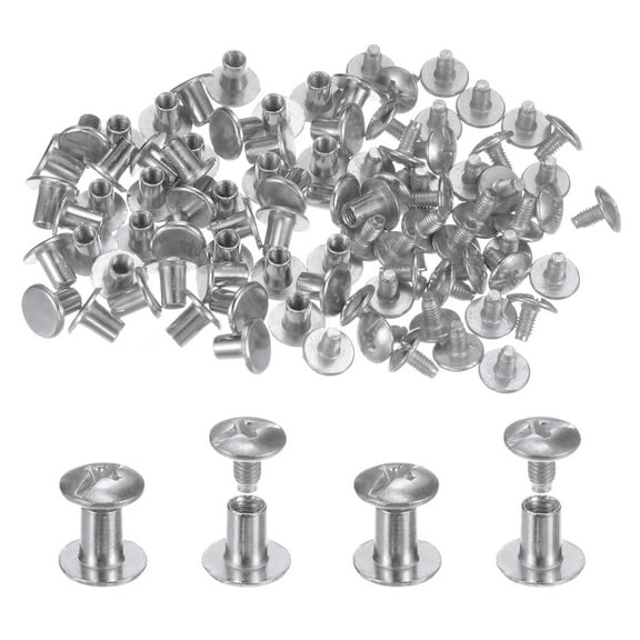 Uxcell 100set Chicago Screws Buttons 5/16" Round Flat Head Zinc Alloy Metal Nail Rivet Studs Silver Tone