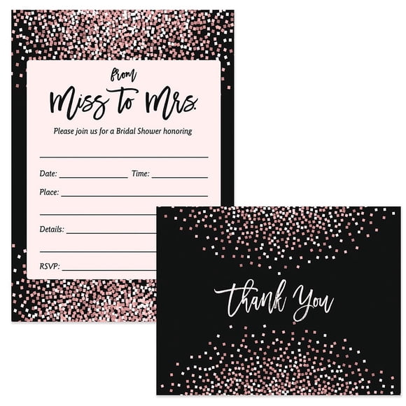 Miss to Mrs Invitations ( 25 ) & Thank You Notes ( 25 ) Set with Envelopes Bridal Shower Guest Invites Pink Confetti Design Fill-in-Style & Blank Folded Gift Thank You Cards Excellent Value Pair