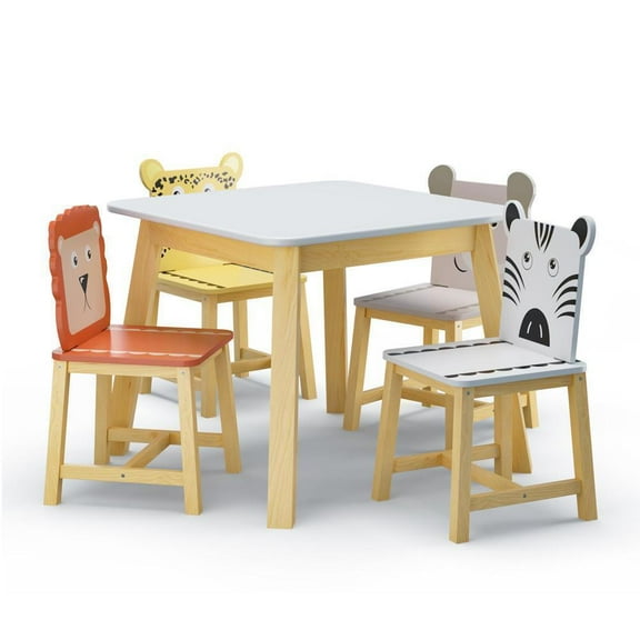 5 Piece Kiddy Table and Chair Set Kids Wood Table with 4 Chairs Cartoon Animals