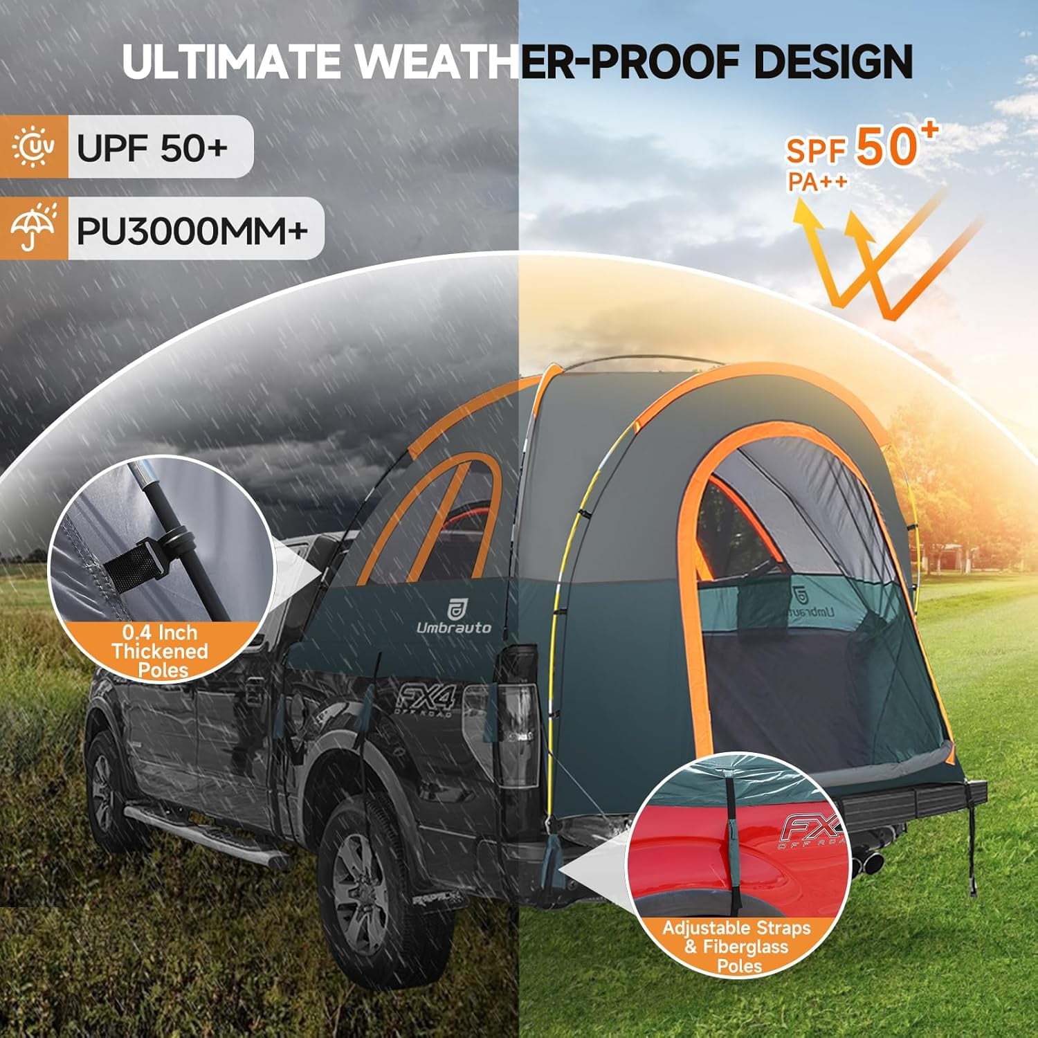 Umbrauto 5.5-6ft Truck Bed Tent, PU3000mm Waterproof 2-Person Pickup Camper Tent, Green & Orange
