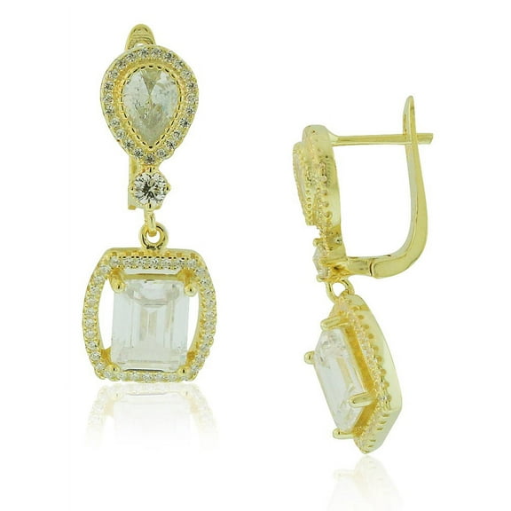 925 Sterling Silver Rectangular Teardrop White Clear CZ Drop Dangle Earrings, 1.2"