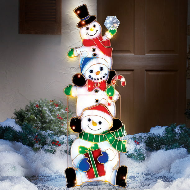 Collections Etc Lighted Stacked Snowmen, Light Up Snowman Outdoor Decoration