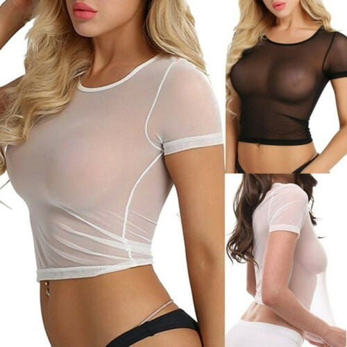 Sexy Womens See through Lace Mesh Sheer Short Sleeve Crop Top T