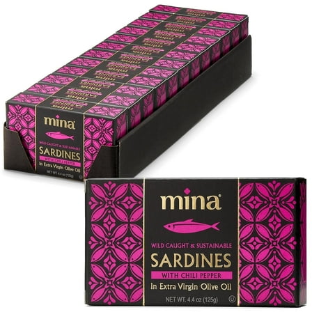 Mina Sardines in Extra Virgin Olive Oil with Chili Pepper, 4.4 oz (Pack of 12), Sardines in Olive Oil Wild Caught, High in Protein