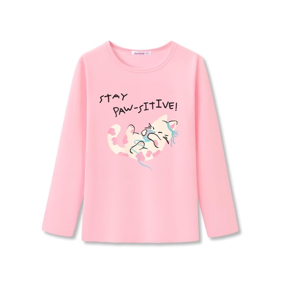 Serdomi Girls Long Sleeve T-Shirt - Soft Tops Pink Cute Kitty Cat Graphic Tee Size 12/14