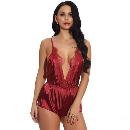 

Women Lingerie Sexy Teddy Lace Bodysuit Deep V-Neck Halter Sleepwear Sheer Mesh Hollow Out One Piece Babydoll Pajamas Red M Red 1pcs Red M Red 1pcs