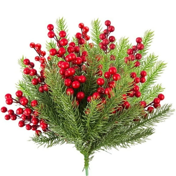 30PCS Artificial Christmas Tree Picks Red Berry Pine Branches Flower Pick for Christmas Wreath Festive Season Decor