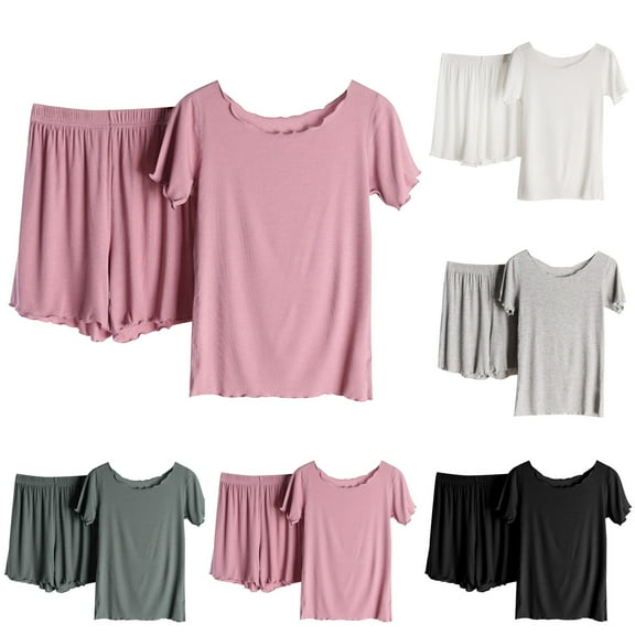 Aufmer Pajamas for Women Short Sleeve Round Neck Plain Solid Nightgown Set Summer Casual Two Piece Suit Ribs Without Marks Flounce Tops/Shirt Set