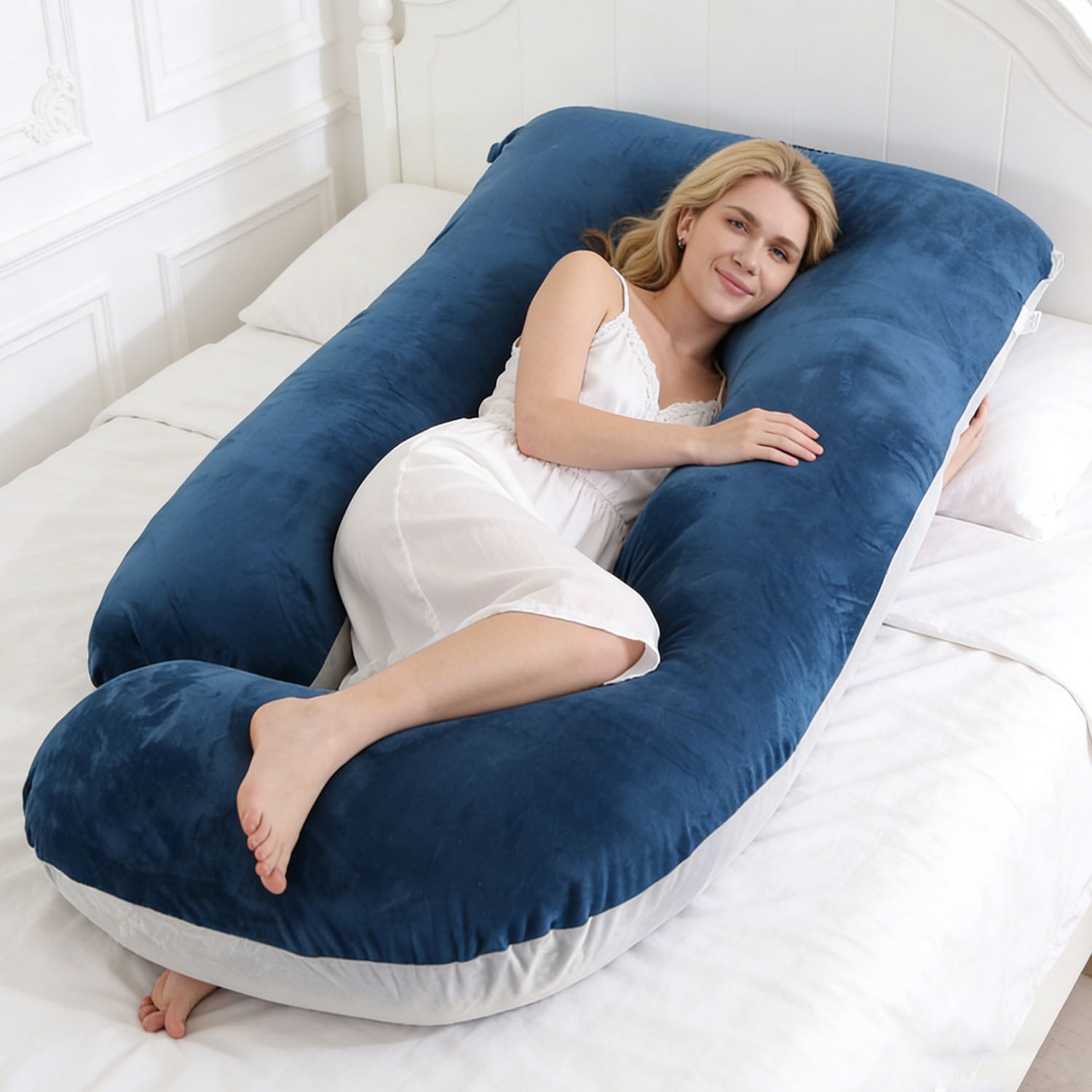 Supportive Ergonomic J-Shape Polyester Maternity Pillow for Multi-Position Sleeper, Blue-Gray
