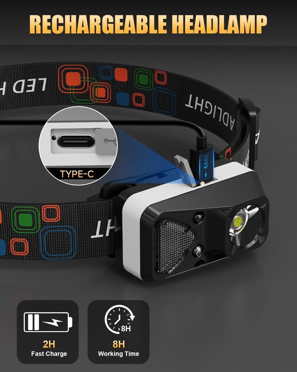 LED Headlamp Rechargeable with Motion Sensor, Headlamps for Adults White Red Light Waterproof 6 Modes Outdoor Camping Running Hard Hat Fishing Repair, 3 Pack