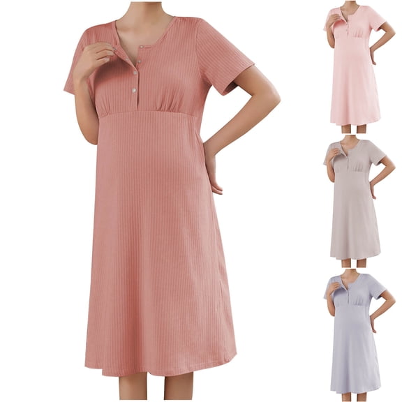 Hilzaten Short Sleeve Nightgowns for Women - Plain Button Front Soft Padded Sleep Dress for Women Sleepwear Loungewear