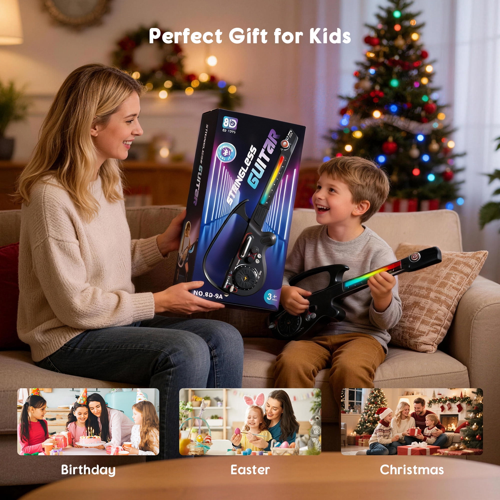 SaveJoy Kids Electric Guitar Toy with Lights & Sounds, 4-in-1 Musical Instrument with DJ Turntable & Bluetooth, Interactive Music Toy for Toddlers Ages 3-7, Gift for Boys & Girls