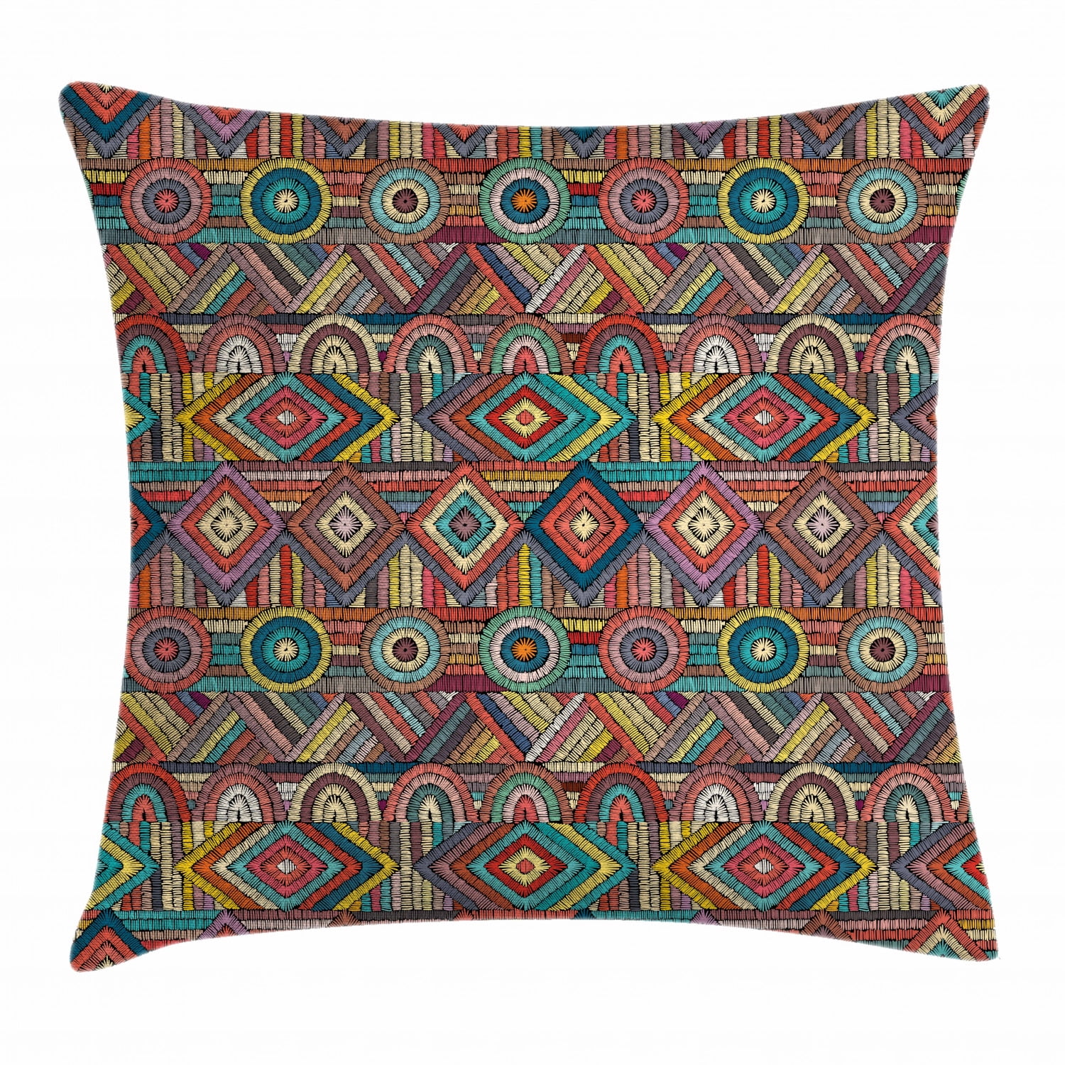 Aztec Throw Pillow Cushion Cover, Vibrant Folk Embroidery Style