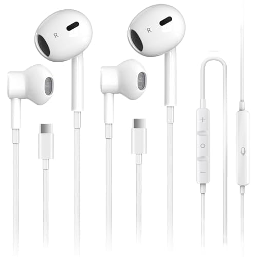 Paquete de 2 auriculares USB C para iPhone 16, auriculares tipo C con cable con micrófono y control remoto, auriculares con cancelación de ruido, compatibles con iPhone 16 Pro Max, iPad Pro, la mayorí