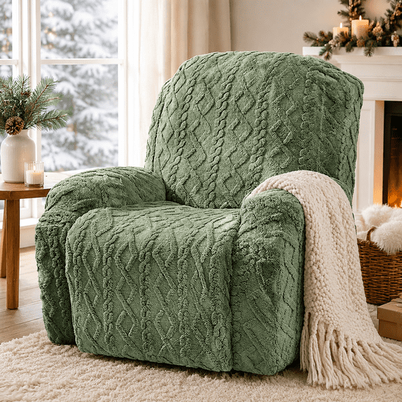 1 Seat Recliner Cover, Fleece Stretch Reclining Chair Covers for 1 Cushion Reclining Sofa, Single Seat Pocket Jacquard Recliner Couch Cover, Thickened, Very Soft