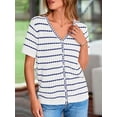 thumbnail image 3 of FreshPretty Women's Short Sleeve Sweater Spring Summer Crochet Knit Tops V Neck Striped Button Down Dressy Casual Blouses, 3 of 9