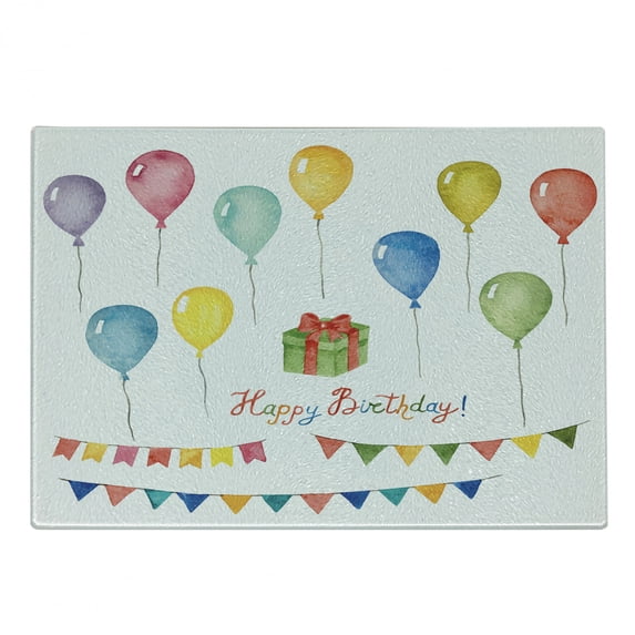 Birthday Cutting Board, Watercolor Set for Celebration Flags Surprise Box Balloons and Happy Best Wishes, Decorative Tempered Glass Cutting and Serving Board, Small Size, Multicolor, by Ambesonne