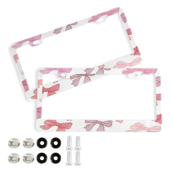 Aluminum License Plate Frame 2 Pack Car Exterior Accessory Car Tag Holder for Front Rear Plates Cars Decor Pink Bows Pattern