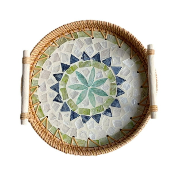 Bandeja de ratán, bandeja de mosaico, bandeja organizadora, bandeja de ratán para servir en restaurantes. 22 cm x 3 cm