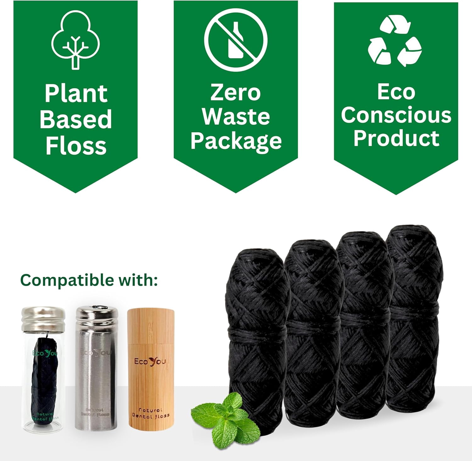 Bamboo Charcoal Dental Floss | Mint & Candelilla Wax | Vegan & Biodegradable (4 Refills with Metal Holder)