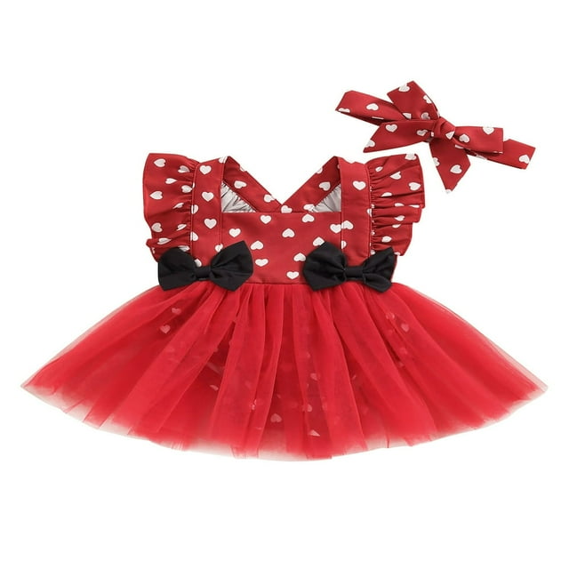 Infant Newborn Baby Girls Valentine‘s Day Mesh Romper Dress Summer Heart Ruffled Jumpsuits Set Toddler Red 6-9 Months