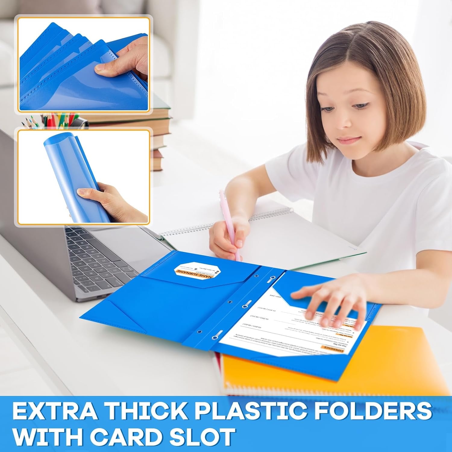 36 Pcs Plastic Folder with Clear Front Pocket and 3 Prong Plastic Folders with Card Slot Pocket Folders with Prongs for School Office (Blue)