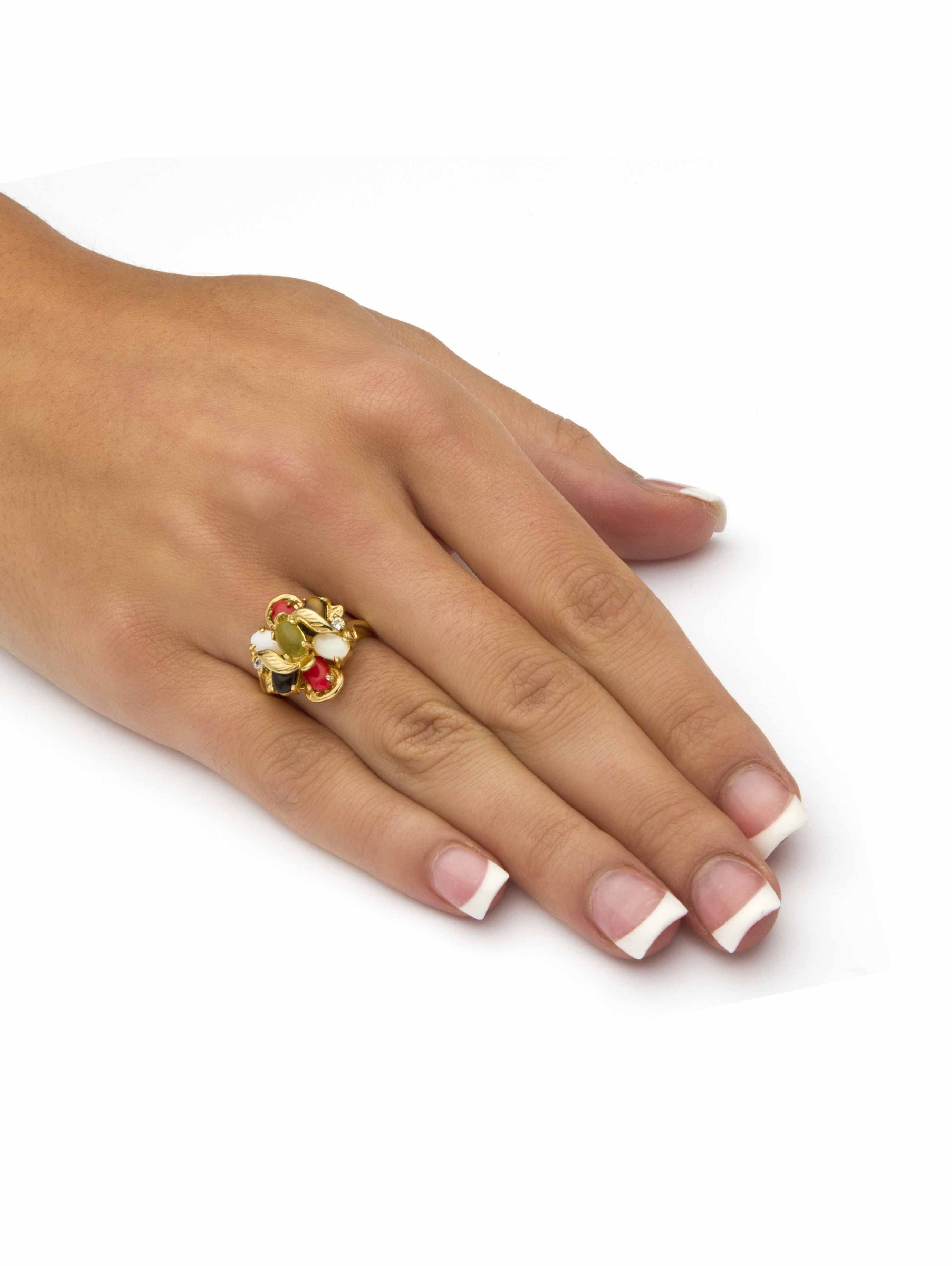 PalmBeach Jewelry Oval Genuine Coral, Opal, Jade, Onyx and Tiger's-Eye Cluster 18k Gold-Plated Ring