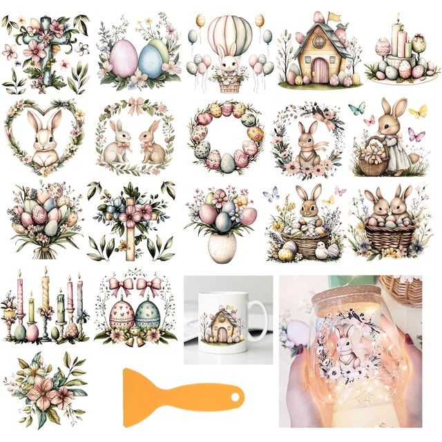 18 hojas de transferencia de huevos de conejito de Pascua de 3,9 x 3,6 pulgadas, guirnalda de conejos de colores, calcomanías para el hogar, calcomanías de transferencia de tazas de flores