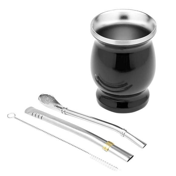 Double-Wall Stainless Yerba Mate Gourd Tea Cup Set Coffee Water Cup with 2 Bombillas Straws Spoon&Clean Brush 8Oz Black,1 x cup 1 x spoon straw 1 x straw 1 x cleaning brush,black