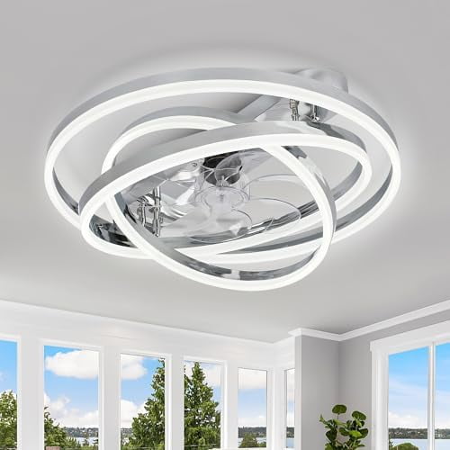 Ceiling Fans with Lights, 24" Modern Flush Mount Ceiling Fan with Lights, Shape-Changeable Low Profile Ceiling Fan with Light for Bedroom,Kids Room Chrome$$Tools & Hardware Other