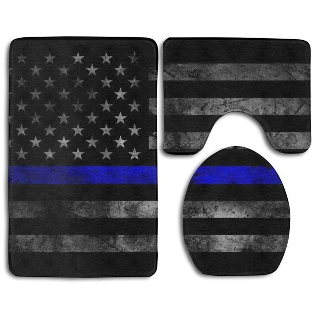ABPHQTO Día de la bandera americana delgada línea azul Juego de alfombras de baño de 3 piezas Alfombra de baño Alfombra de contorno y tapa de inodoro ABPHQTO Cont-CHAPPLE-27738