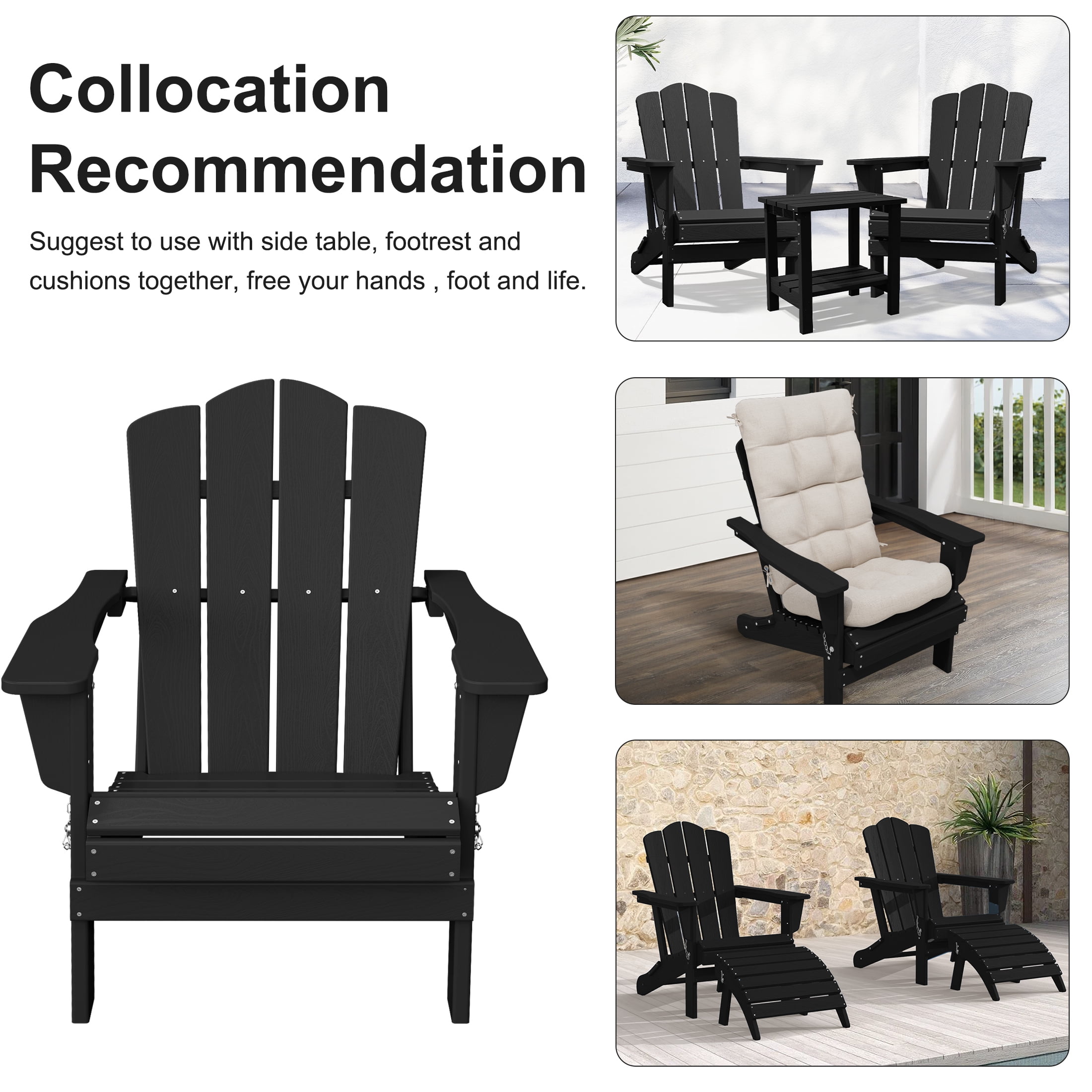 JUSTLET Adirondack Chair, 4PC Plastic Folding Outdoor Patio Chairs, Outside HDPE Chairs for Lawn, Yard, Black