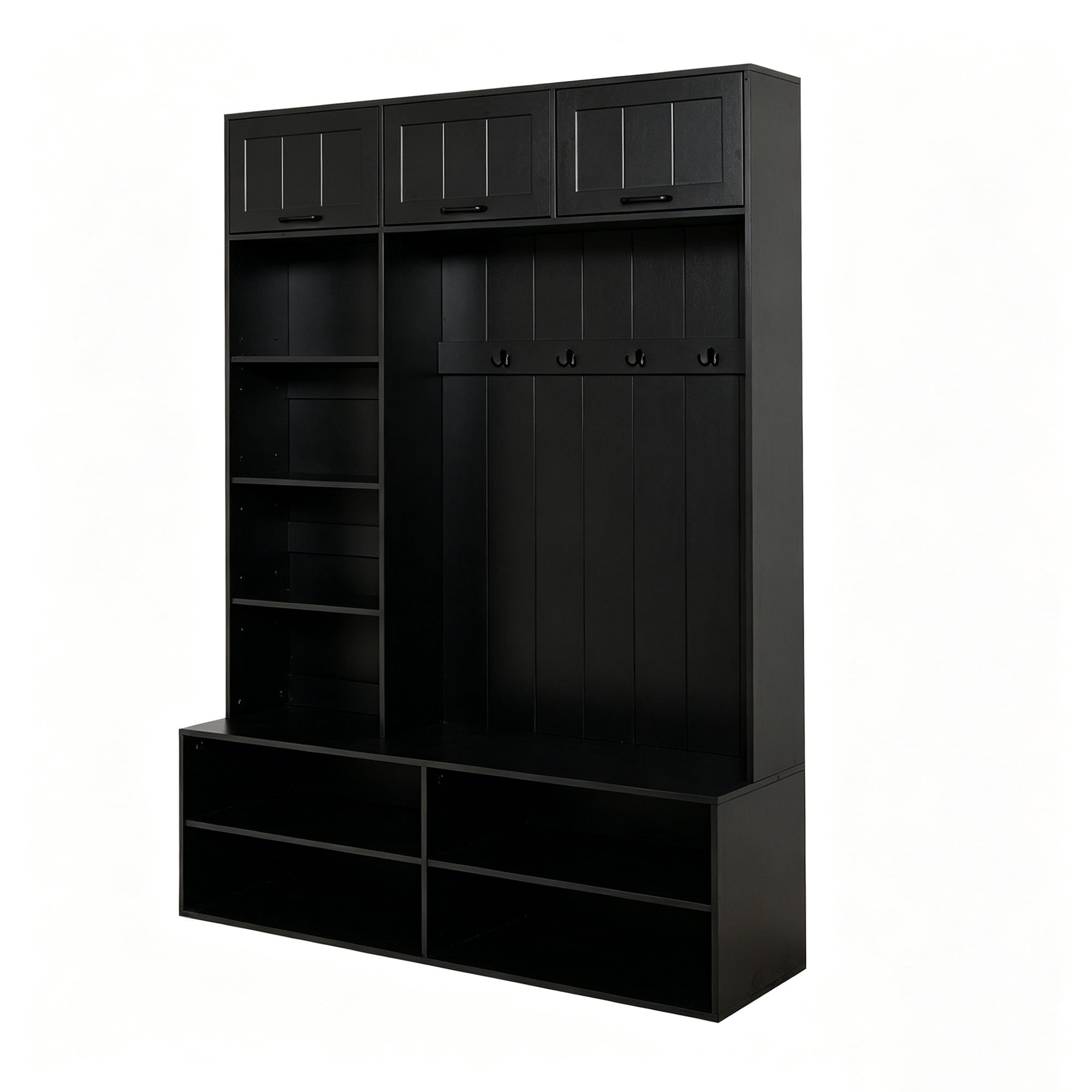 Mintazer 5-in-1 Farmhouse Hall Tree with Bench and Shoe Storage, 79"H Entryway Storage Organizer with Coat Rack & Hooks for Hallway, Living Room, Black