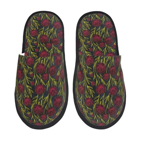 Balery Burgundy Peony Flowers Slient Indoor Furry Fleece Comfort House Shoes Soft Non-Slip Home Shoes Cotton slippers House Slippers-- Large