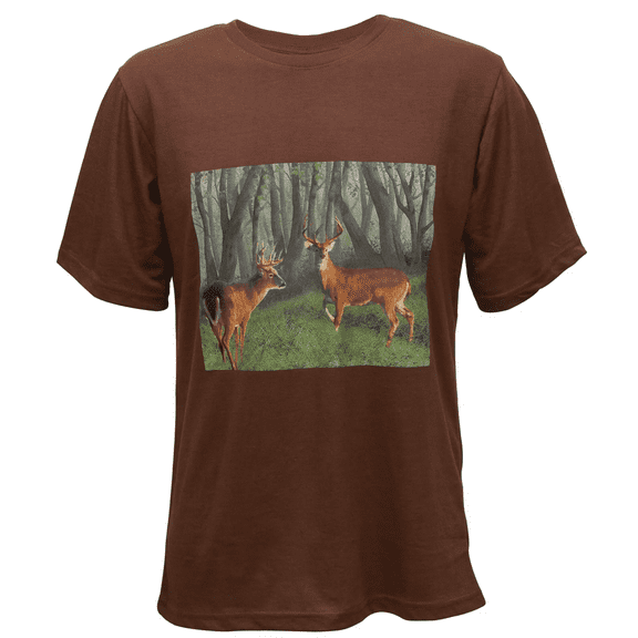 Woodland Creek Men's Deer in the Woods Brown Crew Neck T-Shirt, Large