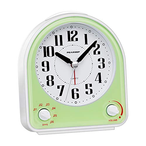 Easy Set Small Desk Clock Beep Sounds TXL 4 inch Round Silent Sweep Analog Alarm Clock Non Ticking Battery Operated Snooze and Light Functions Sparkly Silver Gentle Wake Increasing Volume