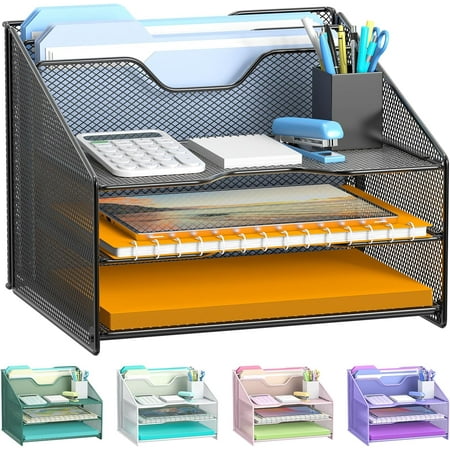 Samstar Desk File Organizer  Mesh Letter Folder Holder with 3 Paper Trays and 2 Vertical Upright Section for Office Supplies Desk Accessories & Workspace Black.