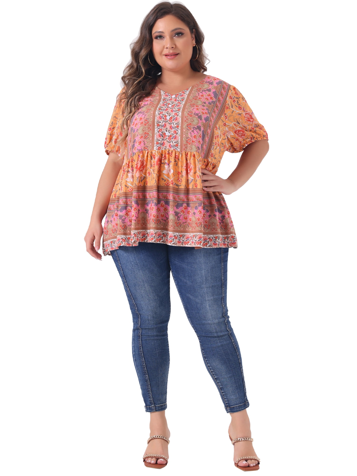 Women's Plus Boho Floral Print V Neck Short Sleeve Summer Blouses 1X Orange