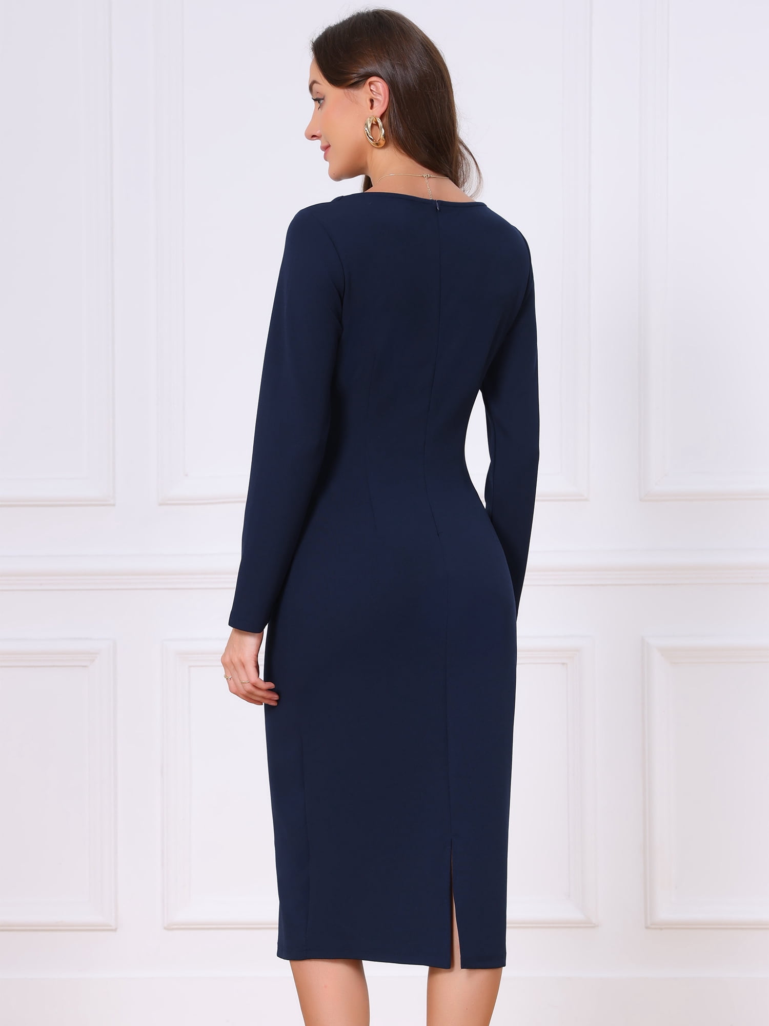DARING DIVA Women's Long Sleeve Wrap Work Midi Business and Occasions Dress XS Navy Blue