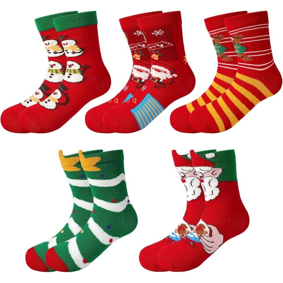 5 Pairs Christmas Socks for Kids, Colourful Xmas Socks Christmas Novelty Socks Funny Patterned Crew Socks Thermal Socks Christmas Gift, Age 1-3