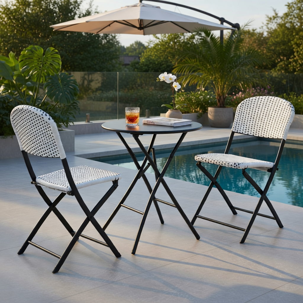 Hommoo 3-Piece Outdoor Rattan Bistro Set, Foldable Round Patio Table & 2 Ergonomic Chairs, PE Wicker on Steel Frame, for Deck, Balcony & Poolside, White and Black