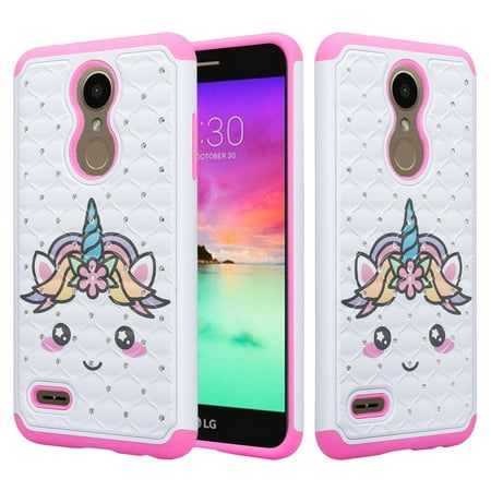 For TracFone/Straight Talk LG L413/LG 413DL/Premier Pro LTE Case Glitter Diamond Sparkle Shiny Bling Shock Proof Dual Layer Phone Case Cover - Pink Unicorn