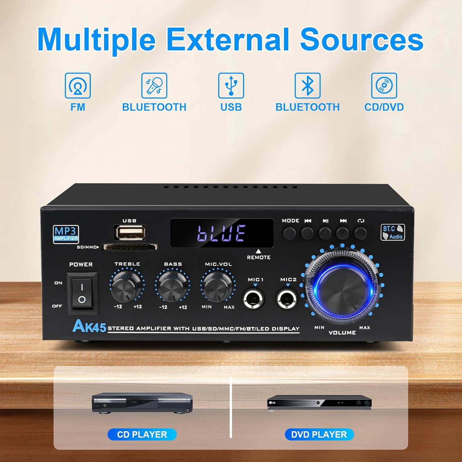 AK45 Pro Amplifier Home Audio Stereo Receivers, Wireless Bluetooth Stereo Power Amplifier,2.0 Channel HiFi Stereo Amplifier System for Home Theater Speakers, Stereo Receiver