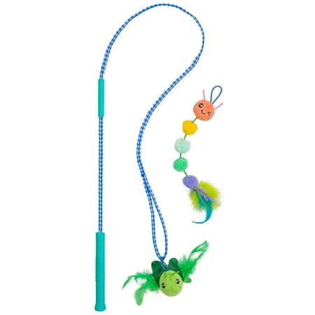 Catstages Tail Teaser Ground Prey Cat Wand Toy for Indoor Cats, Includes 2 Catnip Toys, Crinkle Sounds, Feathers, and Claw-Proof Rope for Interactive Play, Green