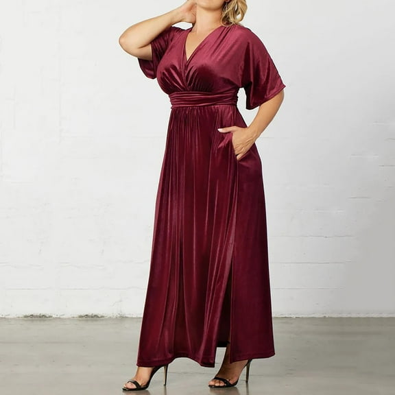 OSFVNOXV Womens Plus Size Velvet Dresses Vintage Formal High Waist Puff Sleeve Sweetheart Neck Side Split Flowy Maxi Wedding Guest Dress