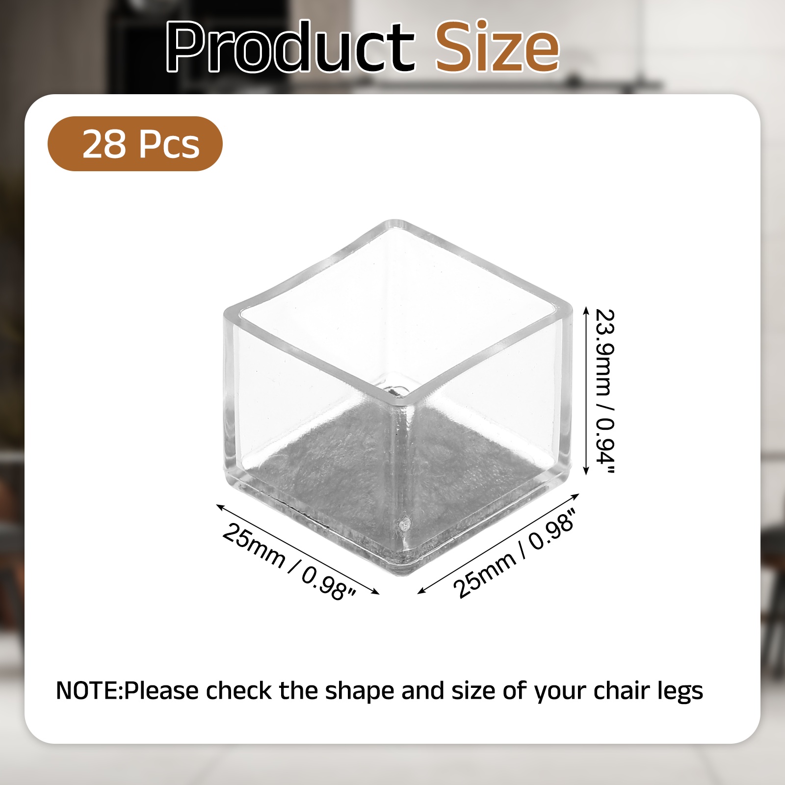 Uxcell 28Pcs Square Chair Leg Protectors, 1.18" & Felt Furniture Chair Leg Cover Caps for Hardwood Floors Elastic Scratch Reduce Noise Covers Furniture Pads, Clear Black