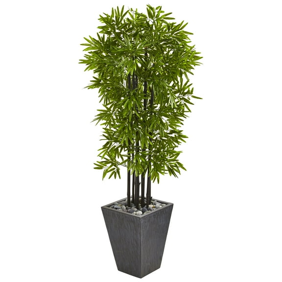 Nearly Natural 61” Bamboo Artificial Tree with Black Trunks in Slate Planter UV Resistant (Indoor/Outdoor)