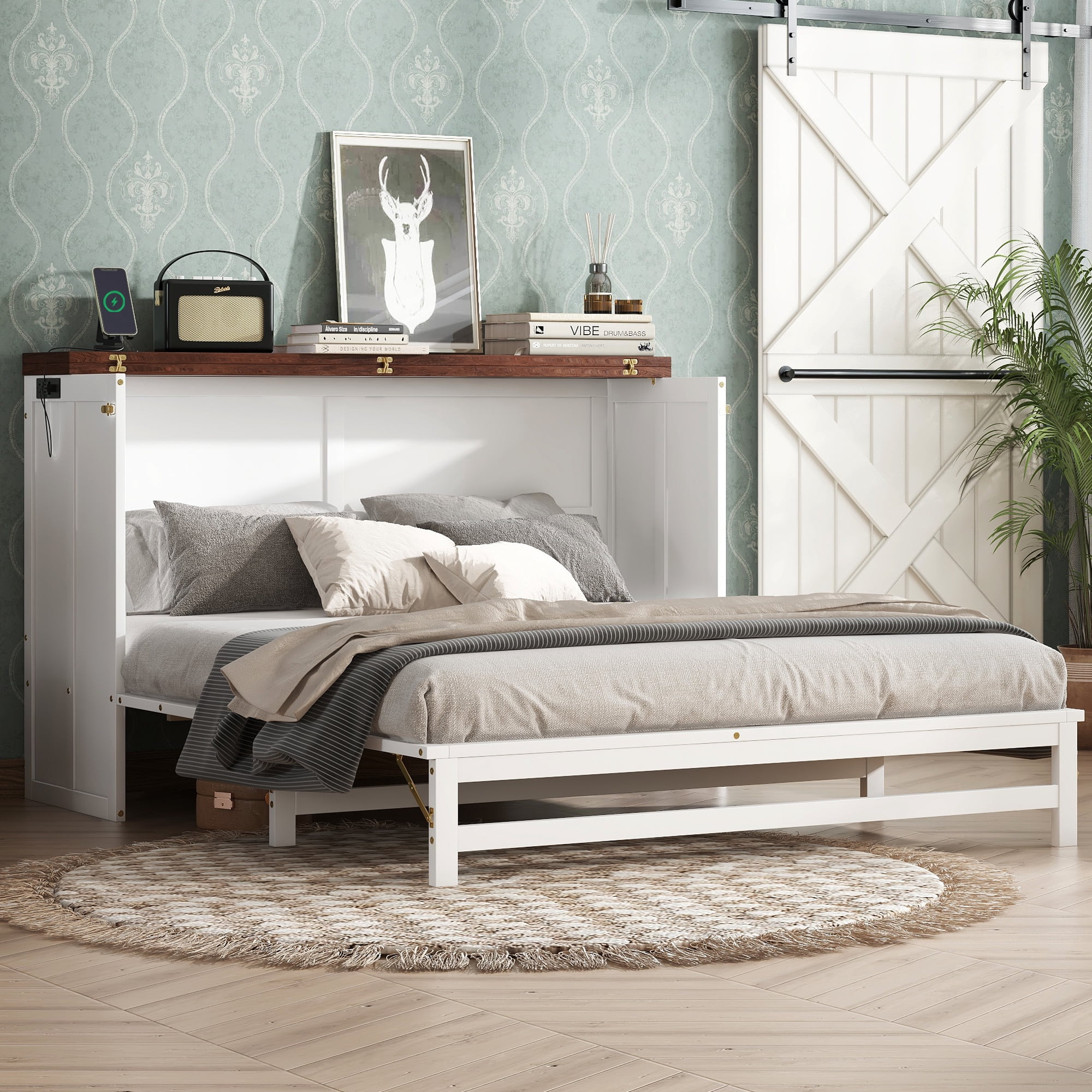 Leumius Queen Size Murphy Bed with Storage Drawer and Charging Station, USB Port, Solid Pine Murphy Bedframe for Home Office Studio or Guest Room White
