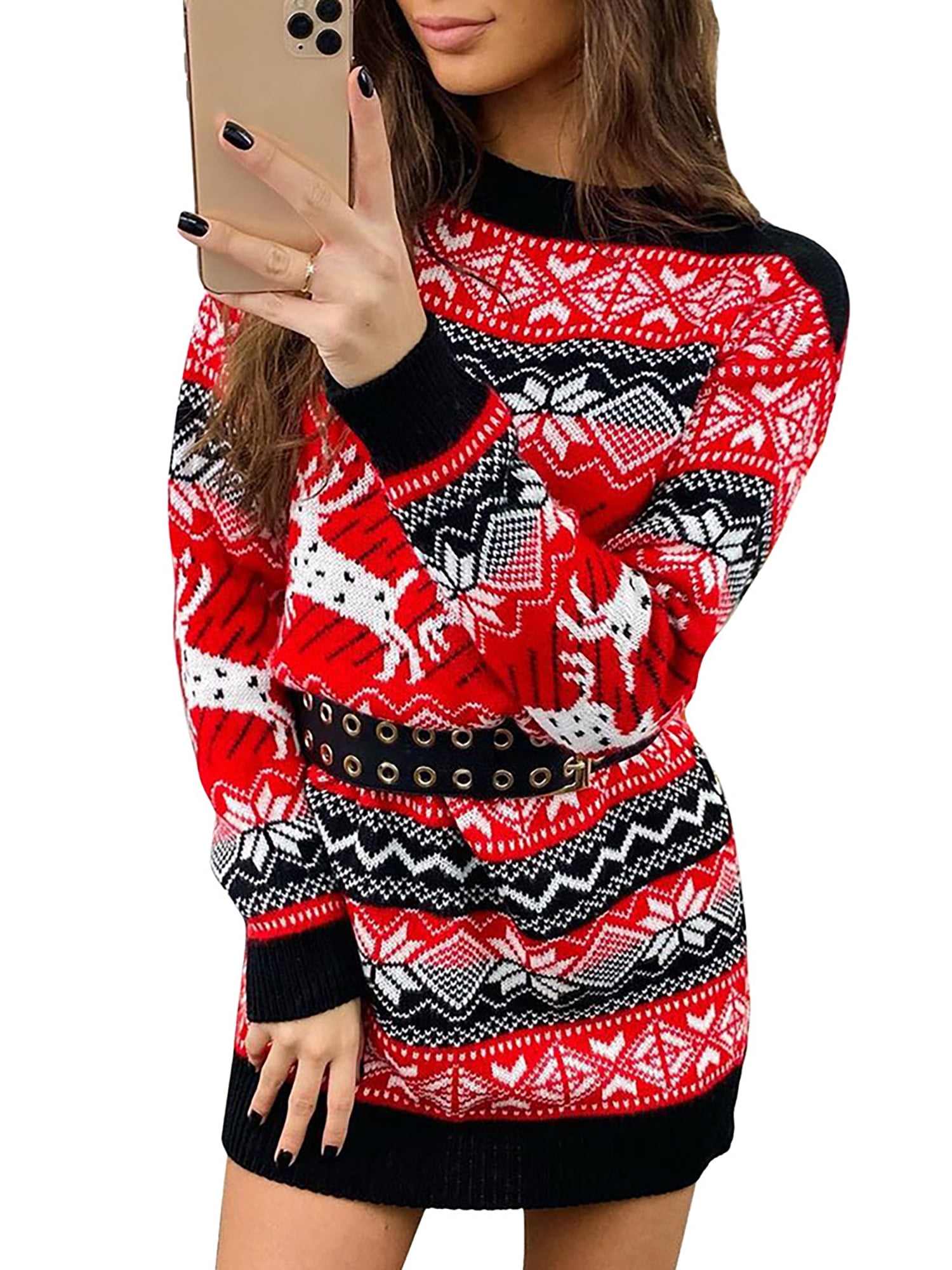 Simooset Women's Christmas Knitted Dress Long Sleeve Contrast Print Long Sleeve Round Neck Dress, Size: XL, Red